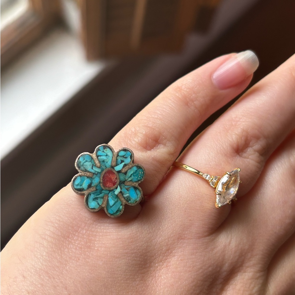 Turquoise and Red Floral Navajo Ring